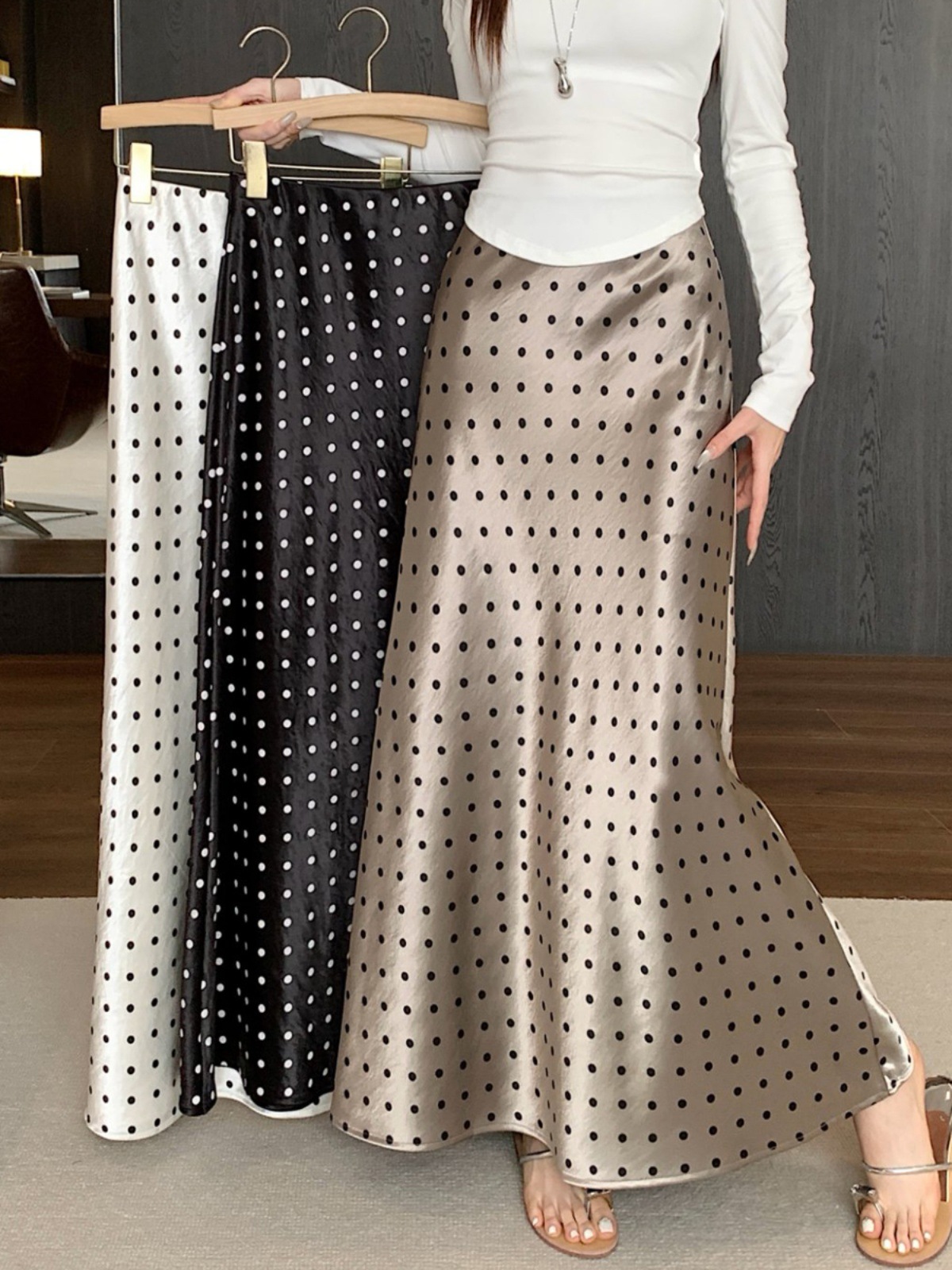 Polka-Dot Acetate Satin Fishtail Skirt Women's Spring & Fall High-End Elegant Hip-Hugging Draped High-Waisted Long Skirt