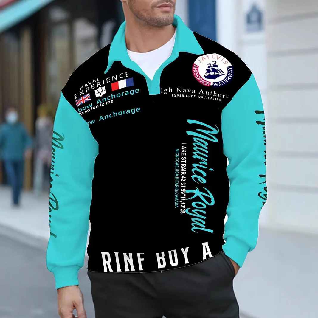 Chaqueta de suéter de manga larga con solapa de nuevo estilo de cuello medio abierto para hombre con estampado de costura de letras personalizado MB14