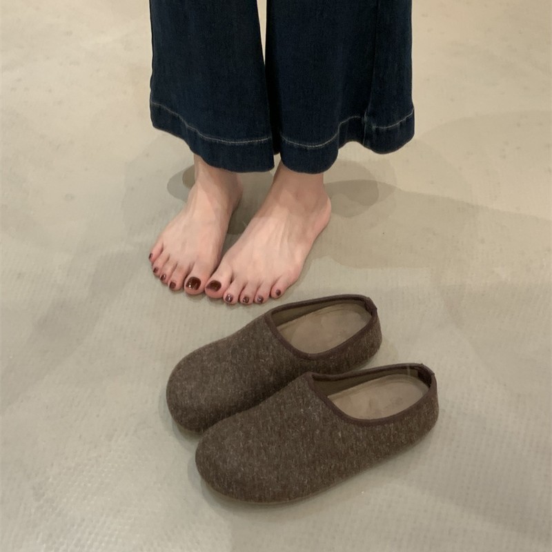 厚底呢子面勃肯鞋一脚蹬半托单鞋女鞋子2025秋冬包头半拖鞋博肯鞋|undefined