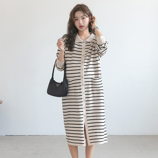 Autumn New Pregnant Women's Dress Fashion Stylish POLO Collar Striped Dress Mid-length Trendy Hot Mom Knitted Cardigan Dress