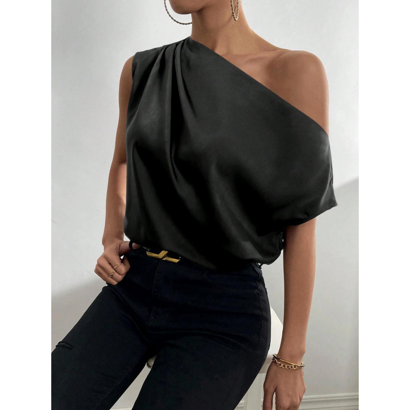 2025 European and American Summer Women's Fashion Solid Color One-Shoulder Backless Asymmetrical Neckline Satin Shirt Top with Patchwork Design