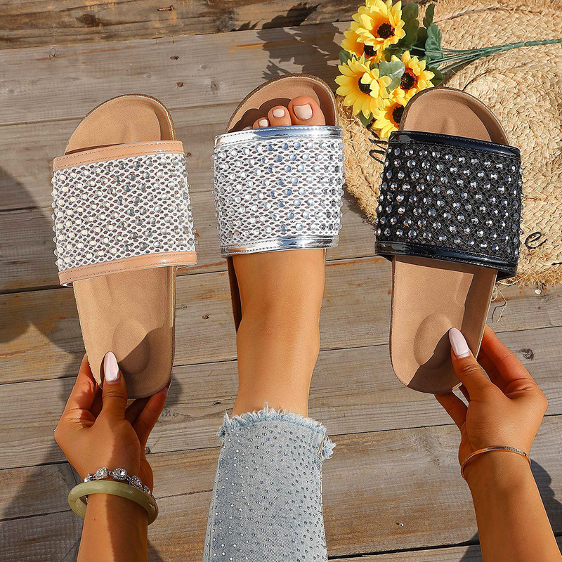 Foreign Trade Mesh Rhinestone Slippers for Women 2026 Summer New Style Flat Low Heel One-Strap Birkenstock Outdoor Sandals for Women Foreign Trade Mesh Rhinestone Slippers for Women 2026 Summer New Style Flat Low Heel One-Strap Birkenstock Outdoor Sandals for Women