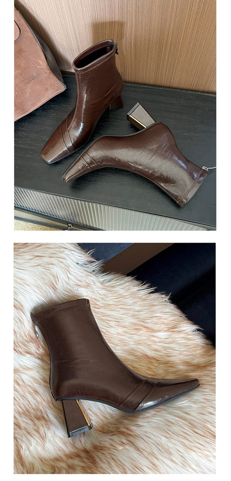 Bốt ngắn nữ mũi vuông gót dày 6–8 cm thiết kế cổ điển, khóa kéo sau — Màu nâu (lớp lót nhung), Màu đen (lớp lót nhung) chi tiết 10