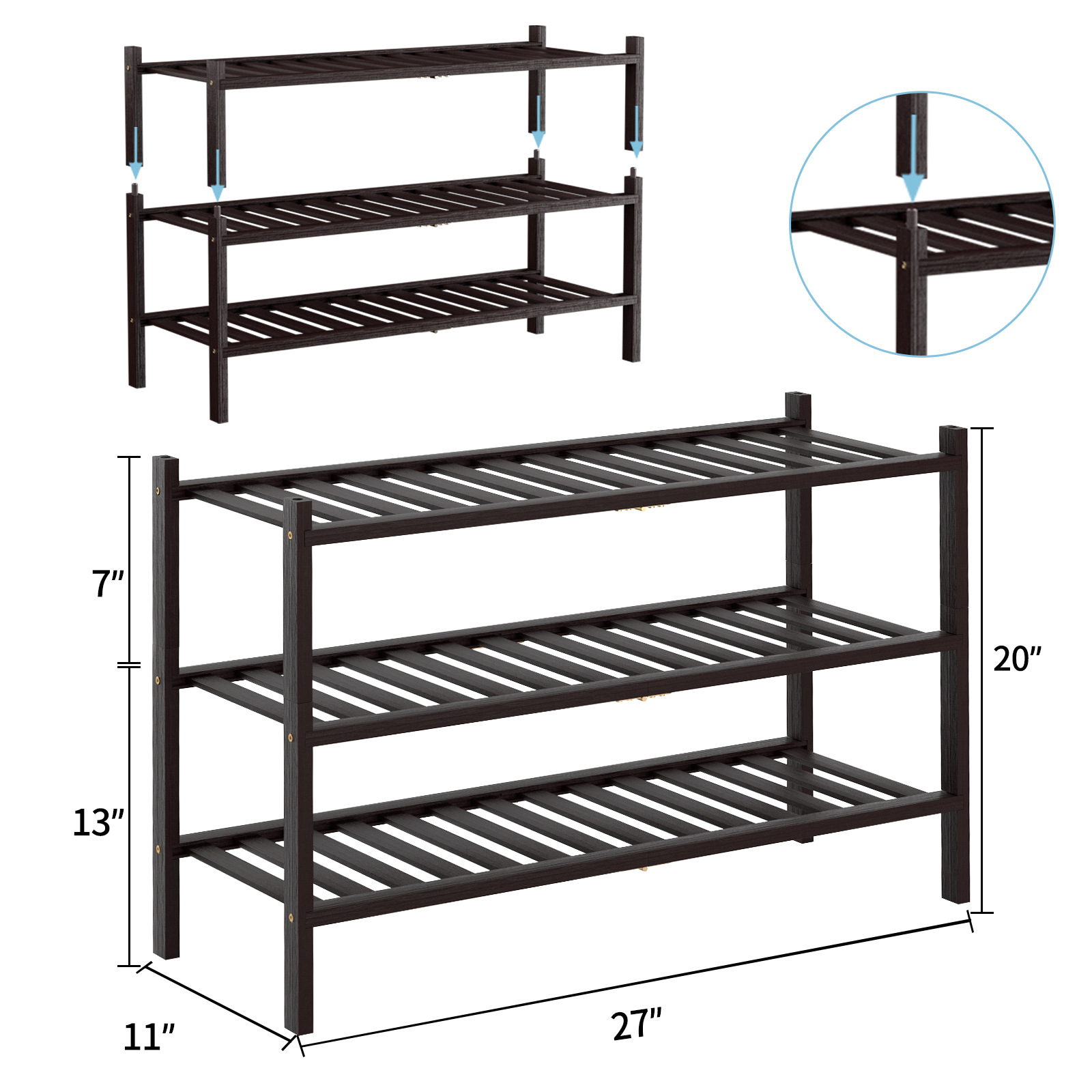 Zapatero plegable de bambú apilable, estante de almacenamiento multicapa para el hogar, ahorrador de espacio, éxito de ventas transfronterizo.