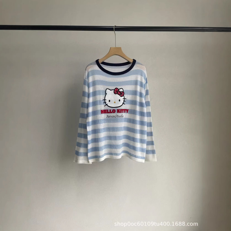 Designer Style 26 Early Spring Korean-Style Loose-Fitting Color-Blocked Round-Neck Velvet Cat Print Blue and White Striped Knit Sweater