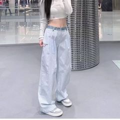 25现货春夏球新款字母腰身牛仔布条纹宽松阔腿裤高腰休闲长裤子女