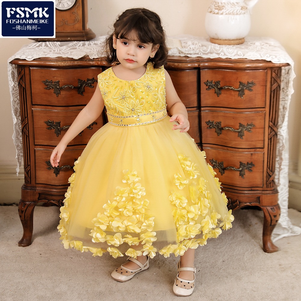 Ropa de niños europeos y americanos nuevas niñas vestido Flor de cuentas piano rendimiento vestido de boda niña princesa vestido