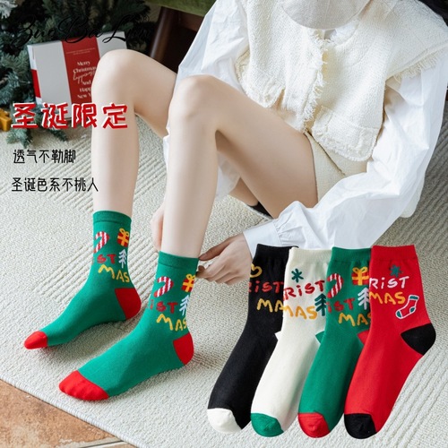 Christmas Socks Women's Mid-Stocks Red Autumn and Winter Pure Cotton Stockings Christmas Eve Cotton Socks Cotton Socks Wholesale