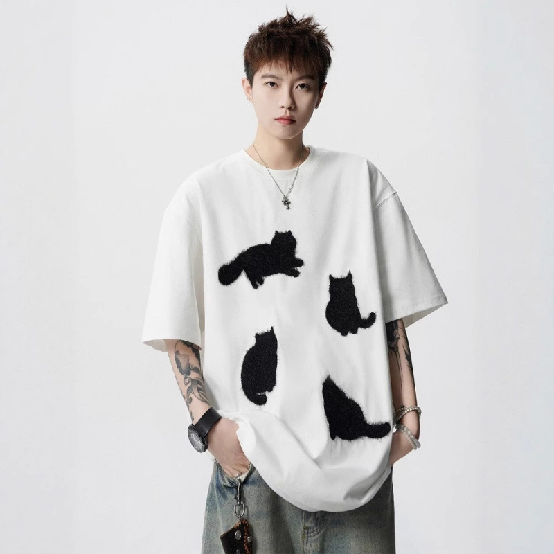 [Lightning Warehouse] Cat Cartoon Short Sleeve Men's Summer Cat Patch T-Shirt Unisex American Style Couple T-Shirt