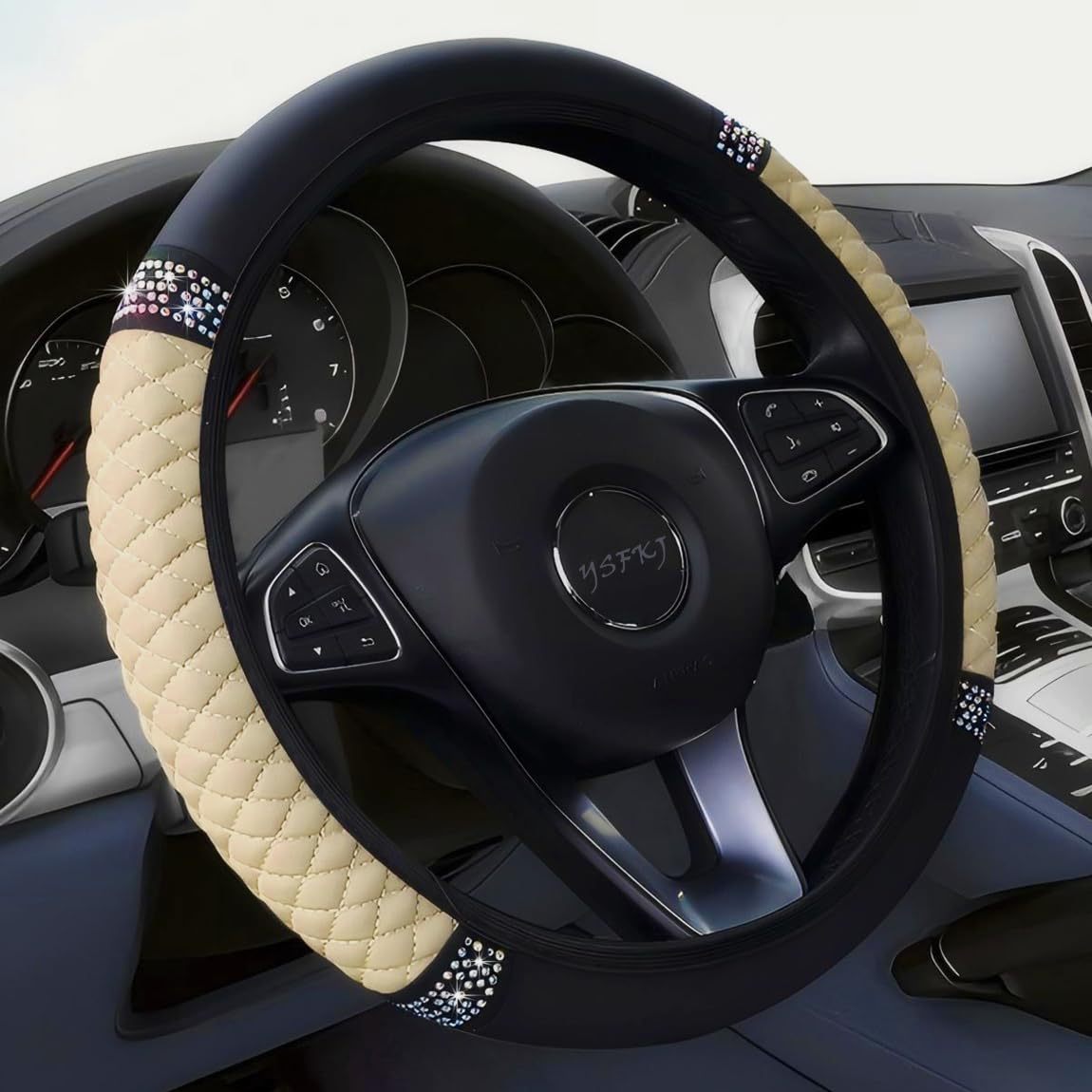 Factory Direct Sales Cross-Border Colorful Rhinestone Car Steering Wheel Cover, Leather Three-Dimensional Interior Handle Cover Without Inner Ring