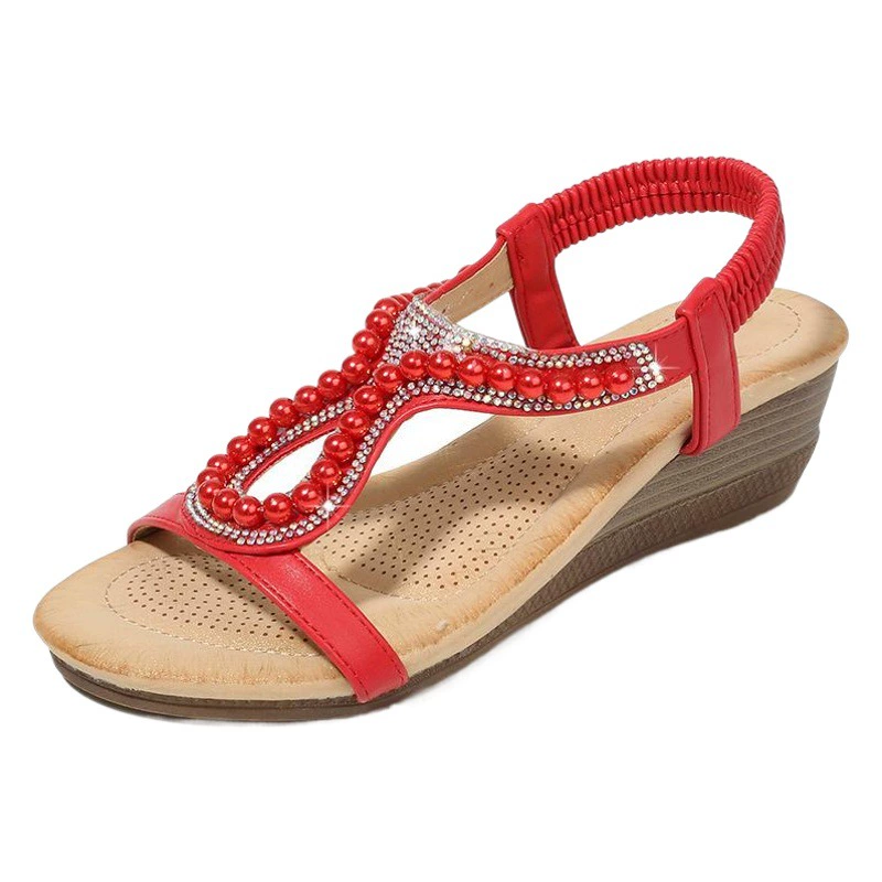 Новые женские сандалии на танкетке AliExpress, модные сандалии с бриллиантовыми бусинами, женские трансграничные сандалии больших размеров для внешней торговли
