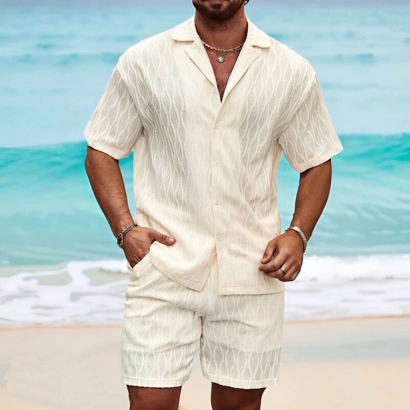 2025 Cross-Border European and American Summer New Men's Sports Suit Casual Solid Color Shirt and Shorts Two-Piece Set