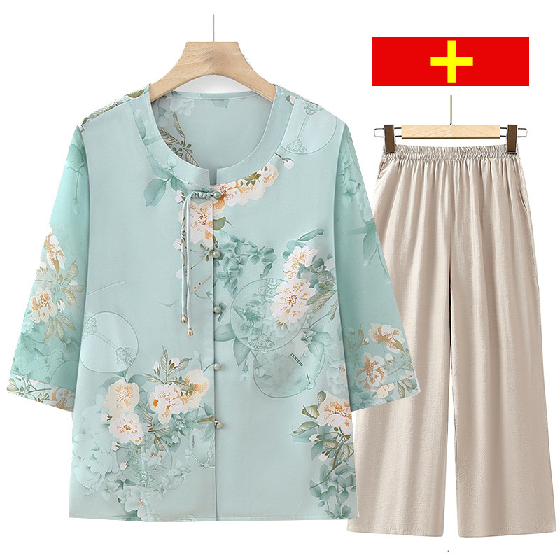 Mom Summer 2025 New suit Women's Middle-aged and Elderly T-shirt Grandma Chiffon Mother-in-law Summer Chinese Style Short Sleeve