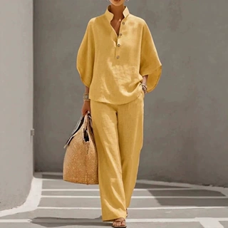 春夏新款棉麻纯色套装女 宽松显瘦衬衫阔腿裤两件套休闲慵懒风