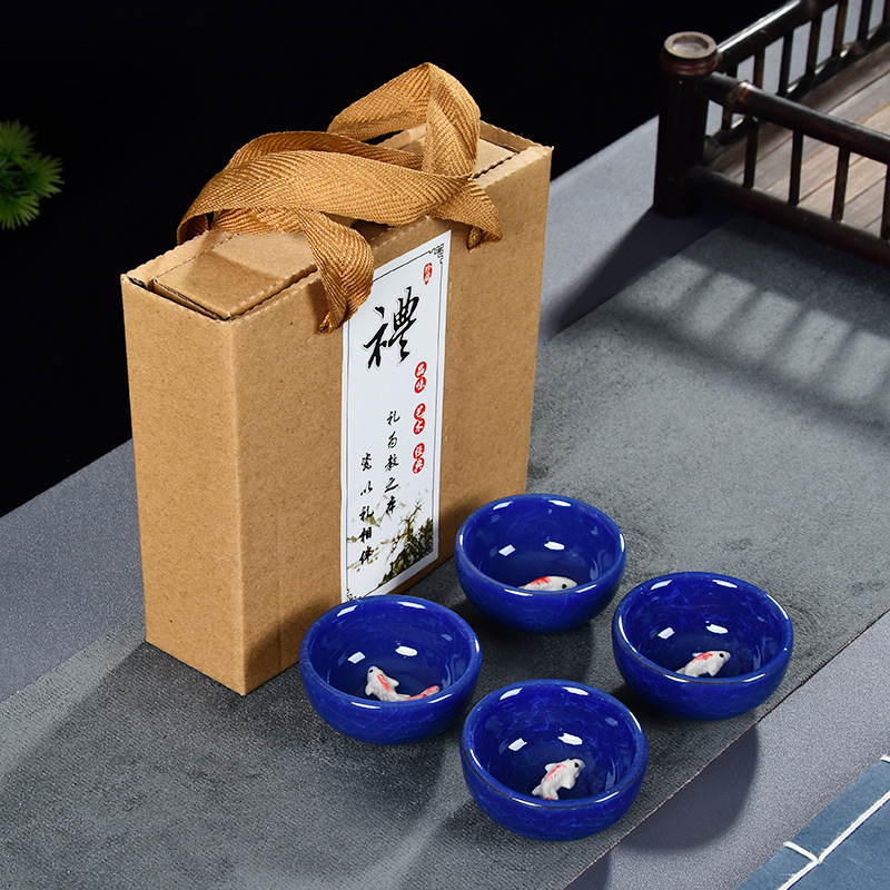 四杯冰裂纹深蓝色+礼盒