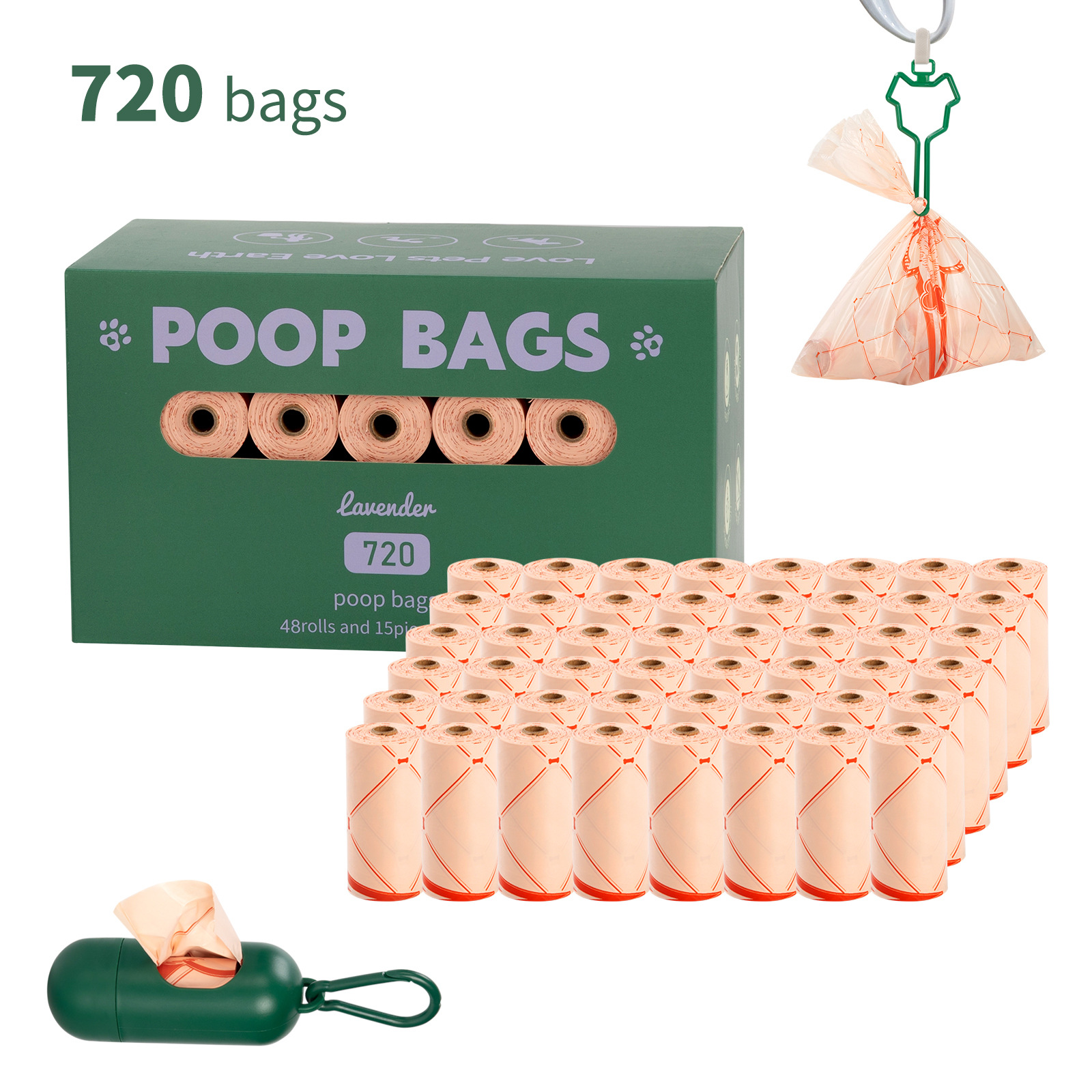 Bolsa de mierda Bolsa de arena para gatos Dispensador para mascotas 60 rollos Bolsa de heces en caja 1.4 Bolsa de basura para mascotas degradable de seda