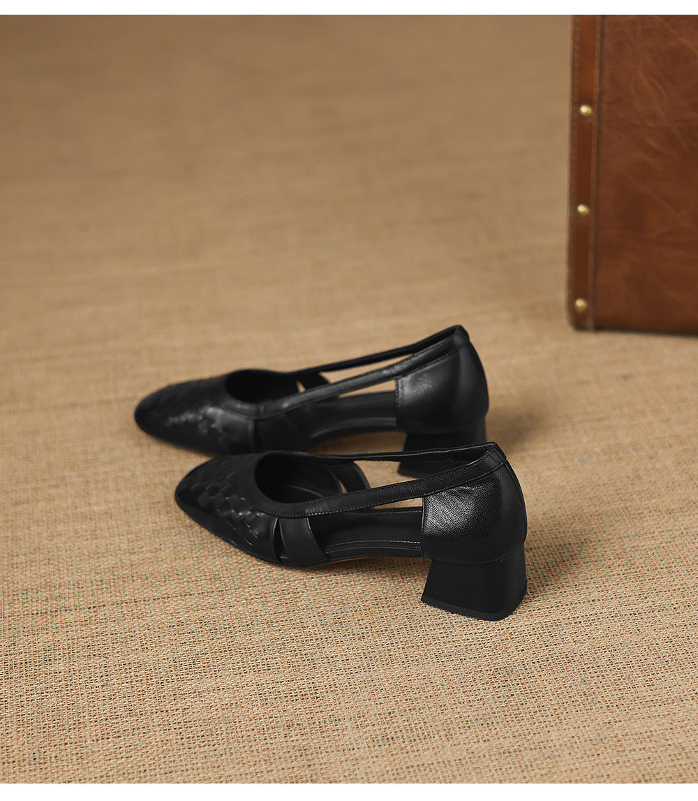 Giày sandal nữ mũi vuông gót thấp 3 cm, da cừu, hở mũi, phong cách thời trang — đen chi tiết 19