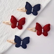 亚马逊新款双层蕾丝珍珠手工布艺立体蝴蝶儿童发夹宝宝头饰