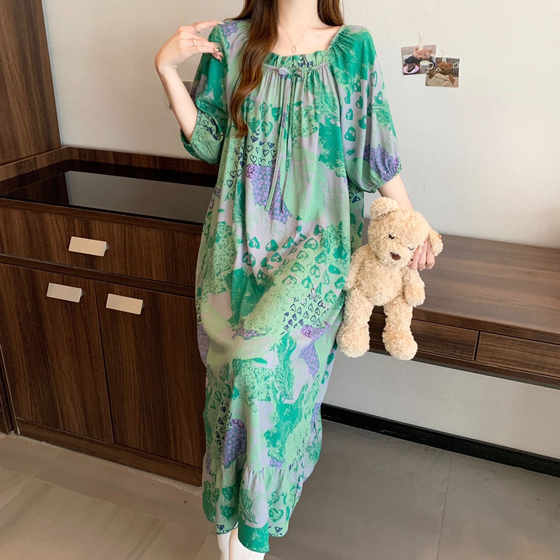 Yaoting pijamas de verano mujeres primavera y otoño encantador impresión suelta vestido larga larga larga ropa de hogar de mangas cortas HDF5291