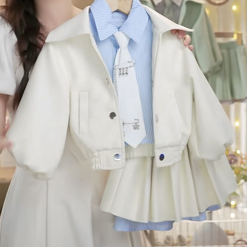 Girls' New Leather Jacket Set 2025 Stylish Faux Two-Piece Jacket Casual Pleated Skirt Fashion Two-Piece