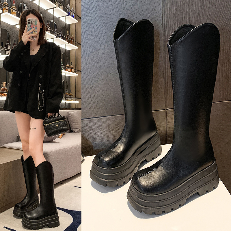复古英伦风粗跟厚底长筒靴女2025新款春秋显瘦v口不过膝骑士靴子|undefined