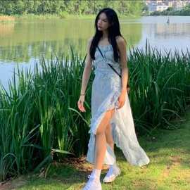 森系吊带雪纺连衣裙仙气中长款荷叶边长裙70不是七十开叉连衣裙