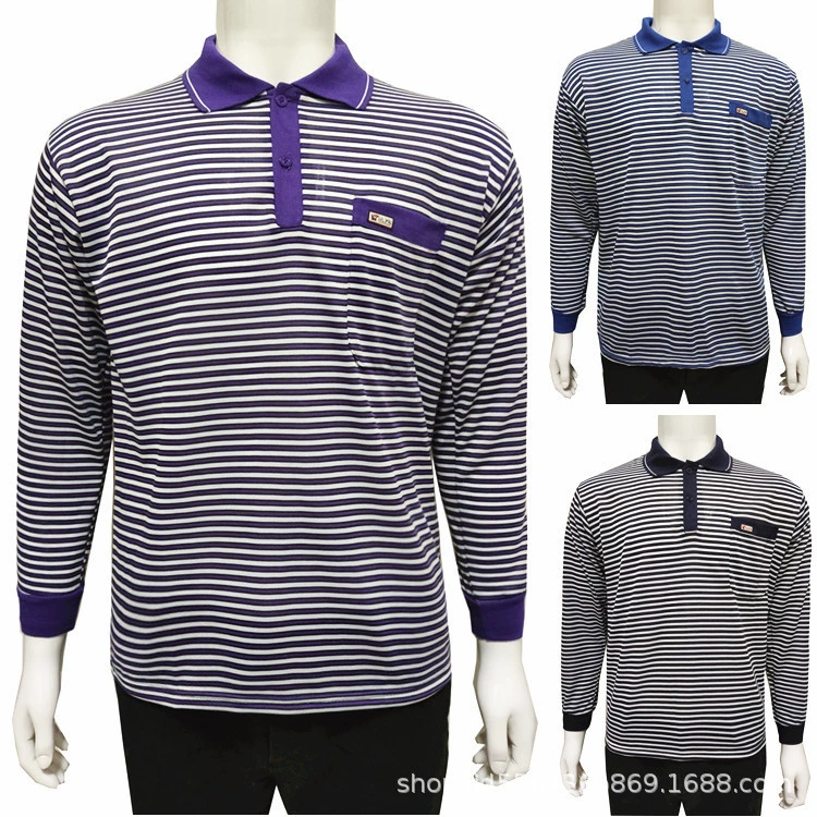 Весенне-осенняя новая мужская рубашка с лацканами, полосатая футболка с длинным рукавом для мужчин среднего и пожилого возраста, свободный топ с воротником для тетивы, оптовая продажа