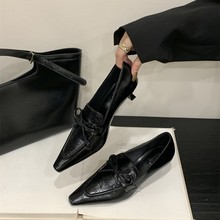 2025春秋季复古风尖头中口蝴蝶结单鞋黑色细跟中跟显瘦单鞋小皮鞋