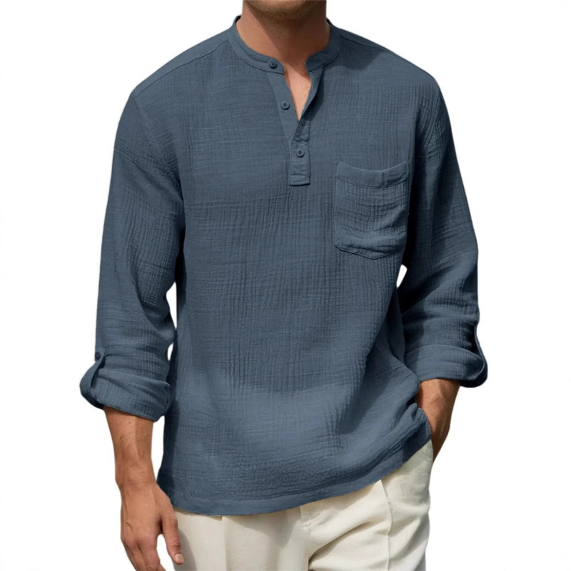 New Men's Cotton and Linen Long-Sleeved Shirt, Casual Henley Collar, Solid Color, Breathable, Loose-Fitting, Beach Vacation Men's Clothing