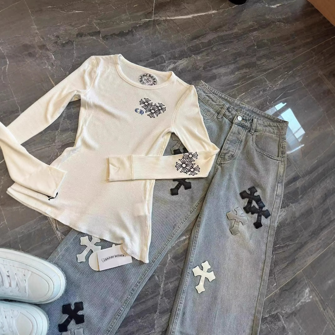 [와플] 핫 걸 스타일 크로스 프린트 크루 넥 긴소매 티셔츠 여성 슬림 다재다능베이스 셔츠