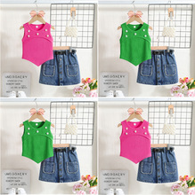 2026年新品欧美风女童夏装 钉珠花朵背心 + 钉珠牛仔裙套装