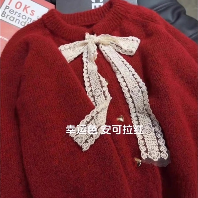 设计感系带蕾丝蝴蝶结圆领毛衣外套女秋冬宽松爱心金扣子针织开衫|undefined