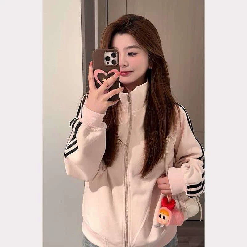 [Chinese Cotton Blend Milk Silk] Light pink cardigan with zipper, women's thin outerwear, loose-fitting jacket for autumn and winter
