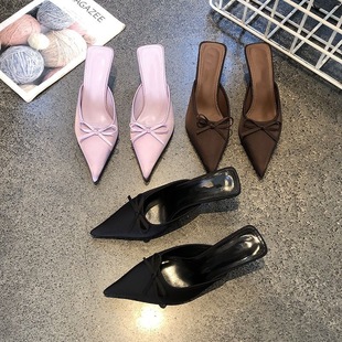 Fairy Sweet Bow High Heels 2025 Spring and Summer New Sexy Pointed Shallow Stiletto Heel Baotou Half Slippers