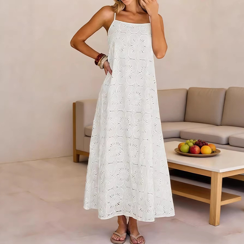 2026 European and American Cross-Border Foreign Trade Summer New Women's Lace Solid Color Sleeveless Button Strap Amazon Dress