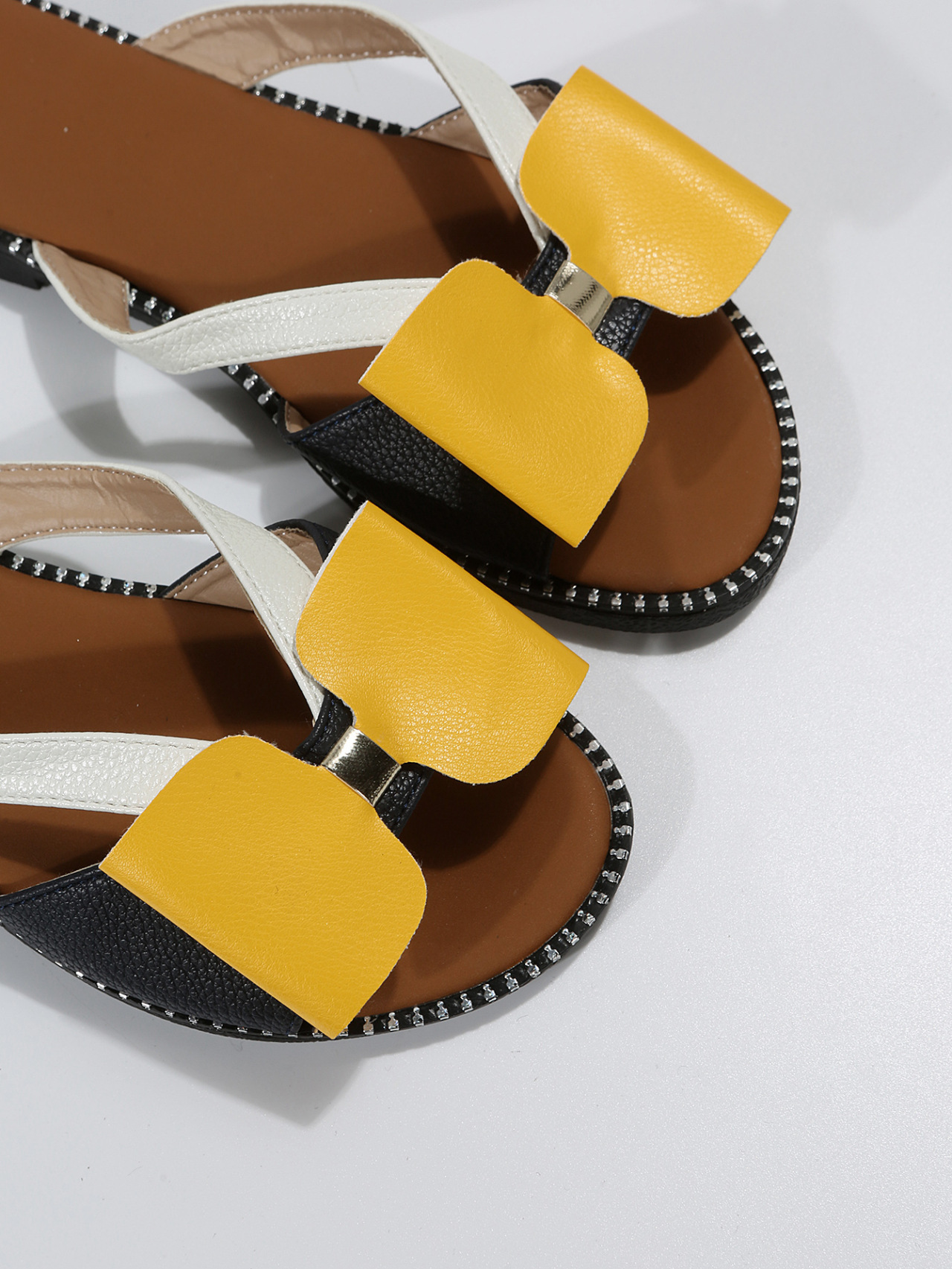 Women's Colour Block Suede Pu Sandals Flat Bow Summer Beach Shoes_voghion.com