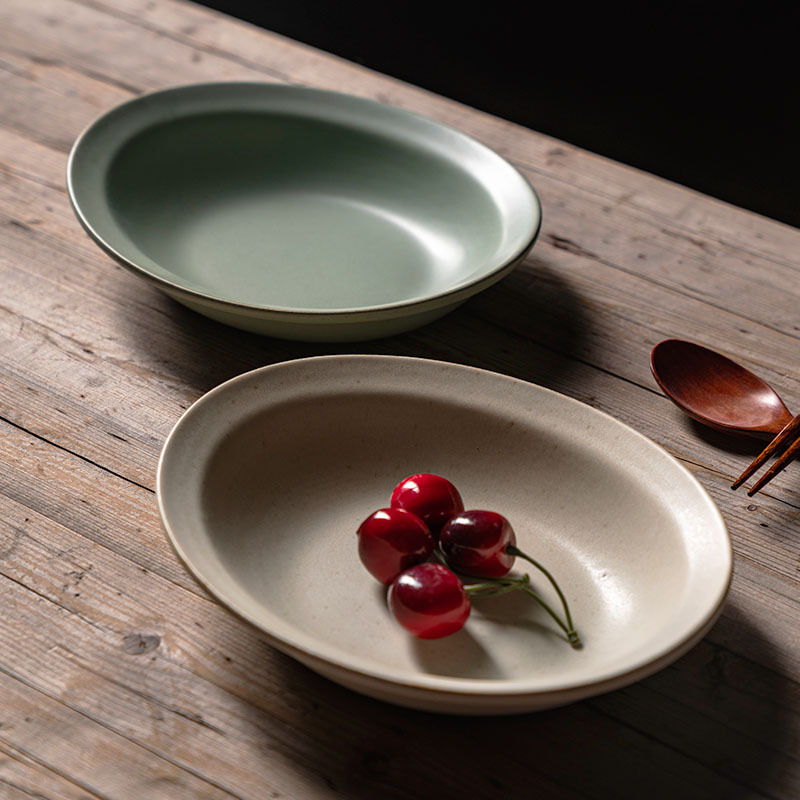 Japanese style stoneware special dish bowl creative Oval retro style light green ingot bowl boat-shaped plate ceramic net red tableware Japanese style stoneware special dish bowl creative Oval retro style light green ingot bowl boat-shaped plate ceramic net red tableware