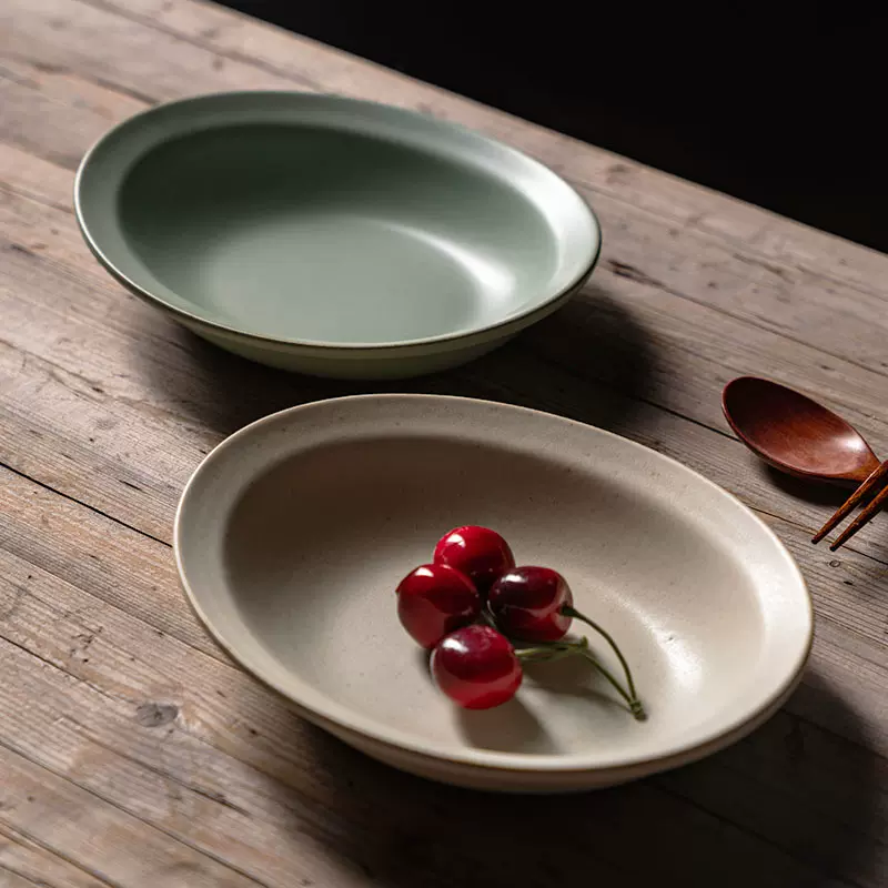 日式粗陶特色菜碗创意椭圆复古风浅绿色元宝碗船形盘陶瓷网红餐具