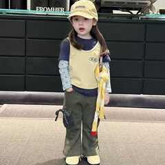 女童假两件上衣秋装25新款女孩卡通Kitty洋气韩范时髦长t恤喇叭裤