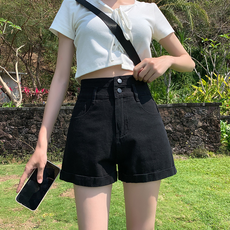 High-Waisted Rolled Hem Denim Shorts for Women, Summer 2026 New Style, Loose Fit, Slimming, Wide-Leg A-Line Versatile Black Pants