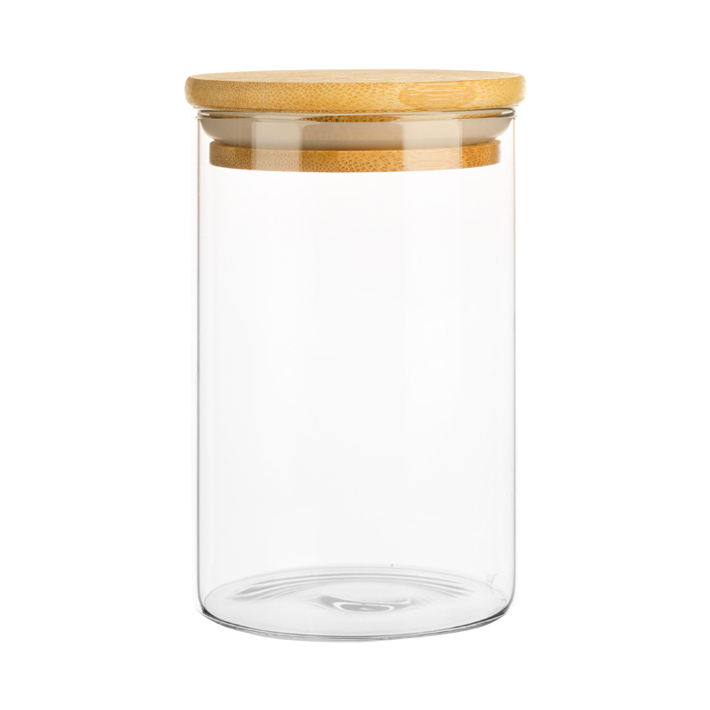 Comercio exterior spot alta borosilicona vidrio sellado lata de té cubierta de bambú lata de almacenamiento transparente circular lata de dulces de grado alimenticio