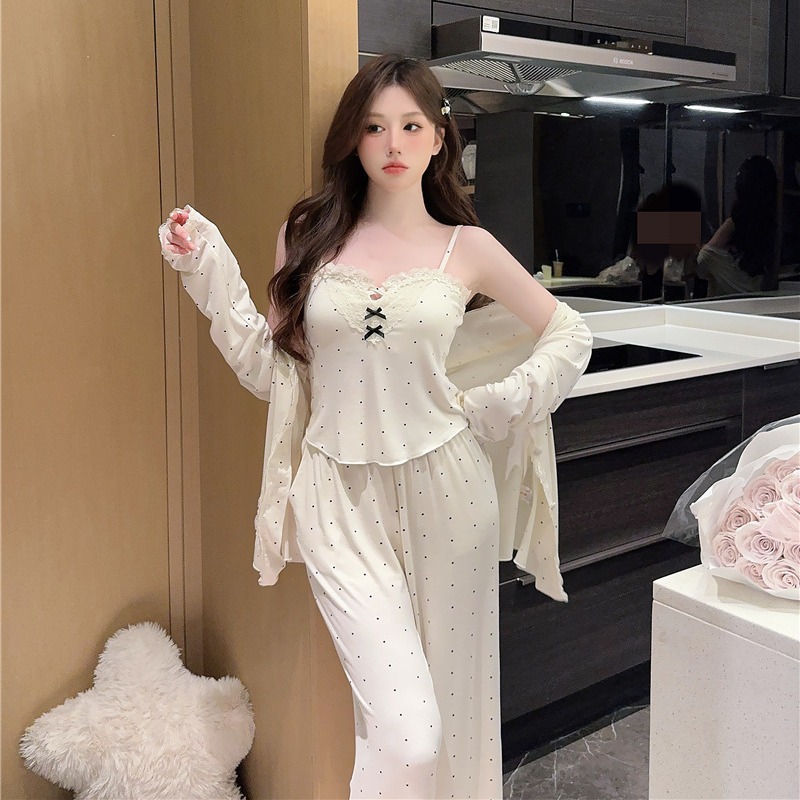 Pajamas for Women Spring and Autum Polka Dot Modal Comfortable Long-Sleeved Pants Three-Piece Set Suspender Plus Chest Cotton Home Clothes