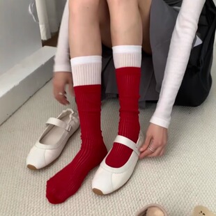 Stitching Vertical Strip Piled Socks Women's Summer Thin Light Ballet Girly Style Contrast Color Calf Stockings All-match