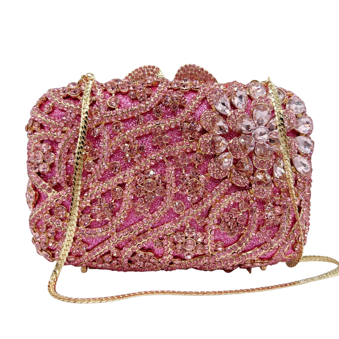 Túi clutch nữ đính kim cương cắt kim loại dự tiệc — màu vàng, hồng chi tiết 7