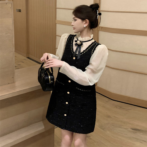 French rich daughter's small fragrant suit shirt vest dress small dress two-piece set for women autumn and winter