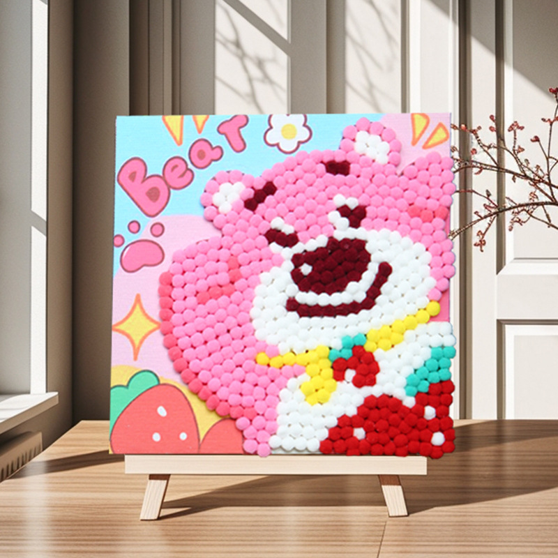 Pintura de bola de pelo Dibujos animados Niños creativos Pegatinas a mano Diy Material hecho a mano Paquete Marco estirado Pintura adhesiva Marco de madera maciza Pintura decorativa