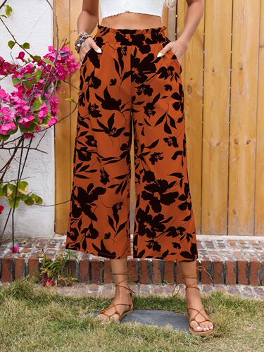 Independent station European and American printed pants, elastic waist wide-leg pants for women, casual nine-inch pants, show long legs