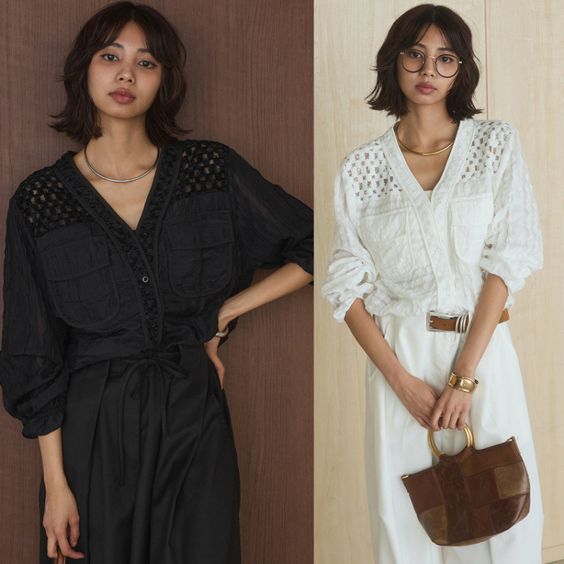 Multiplication Large Quantity of Goods Spring/Summer New Style V-Neck Lace Patchwork Heavy-Duty Drawstring Women's Lace Cardigan Hollow-Out Top Multiplication Large Quantity of Goods Spring/Summer New Style V-Neck Lace Patchwork Heavy-Duty Drawstring Women's Lace Cardigan Hollow-Out Top