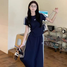 跨境休闲时尚套装女三条杠短袖t恤夏季显瘦高腰A字裙运动风两件套