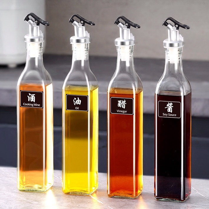 Botella de aceite de vidrio cuadrada actualizada con tapón sellado a prueba de fugas no colgante botella de aceite de cocina salsa de soja frita condimento doméstico